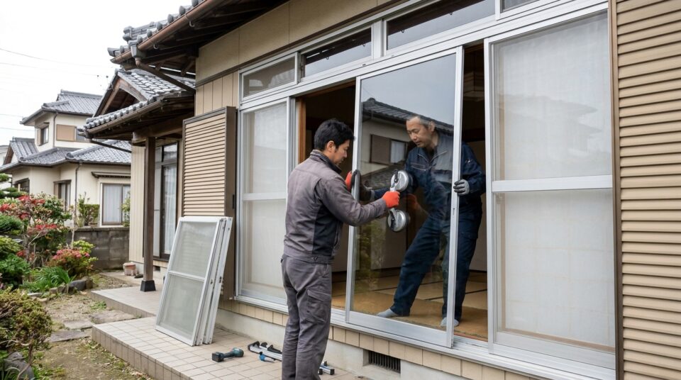 窓ガラス交換 施工中